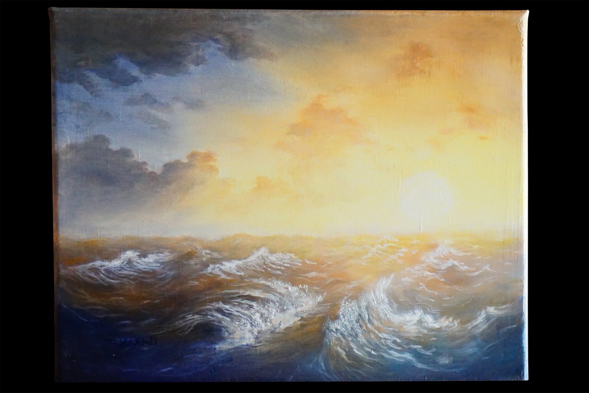 This is an original oil painting made by Tristan Yahschild called ''Ocean Sunlight''. #art #painting #seascape #ocean #beach #sunset © copyright