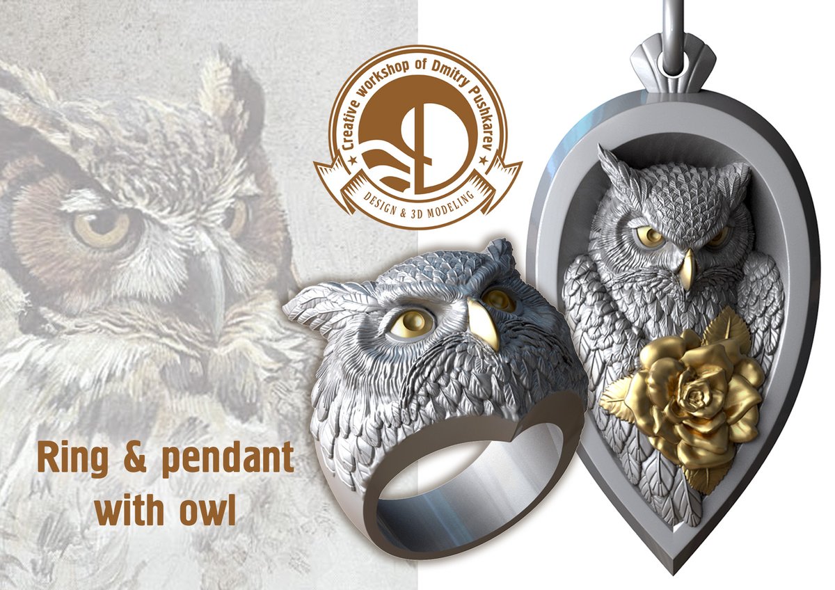 3dworker_ru's tweet photo. Pendant and ring with owl
New work created by me -Ring and suspension with owl. Today it is a project (concept) and, perhaps, there will be some changes in the future.#ring  #pendant #jewelry #owl #jewelrydesign #3d #3dmodeling #3ddesign #owlpendant #silver #gold #art #sculpture https://t.co/KIA1CVTxHu