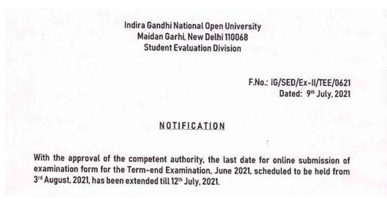 OfficialIGNOU's tweet photo. The last date for submission of examination form for TEE June 2021, scheduled to be held from 3rd August, 2021 has been extended till 12th July 2021. https://t.co/cQuQ95L8u4