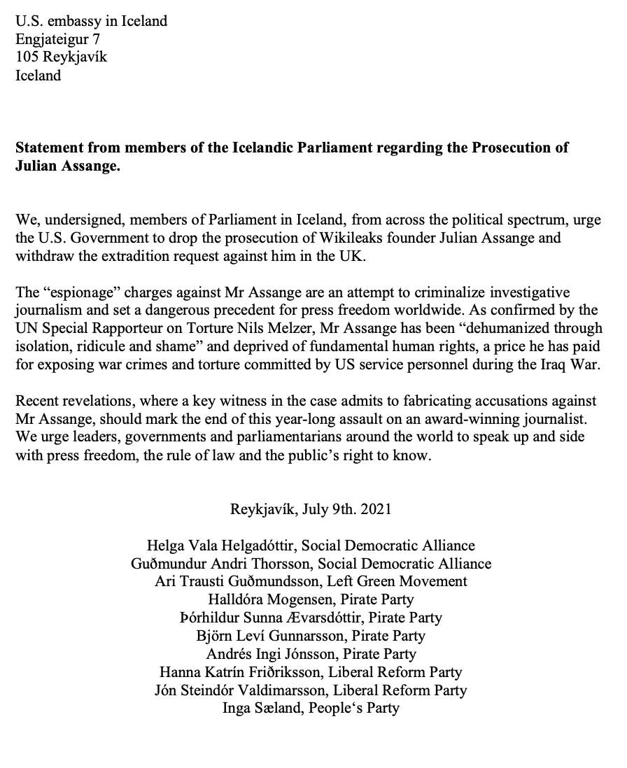 khrafnsson's tweet photo. A cross party group of Icelandic MP's urge the Biden administration to drop the charges against #Assange.  They join similar calls by parliamentarian groups in Australia, UK and Germany. https://t.co/j94ZkjjRrB