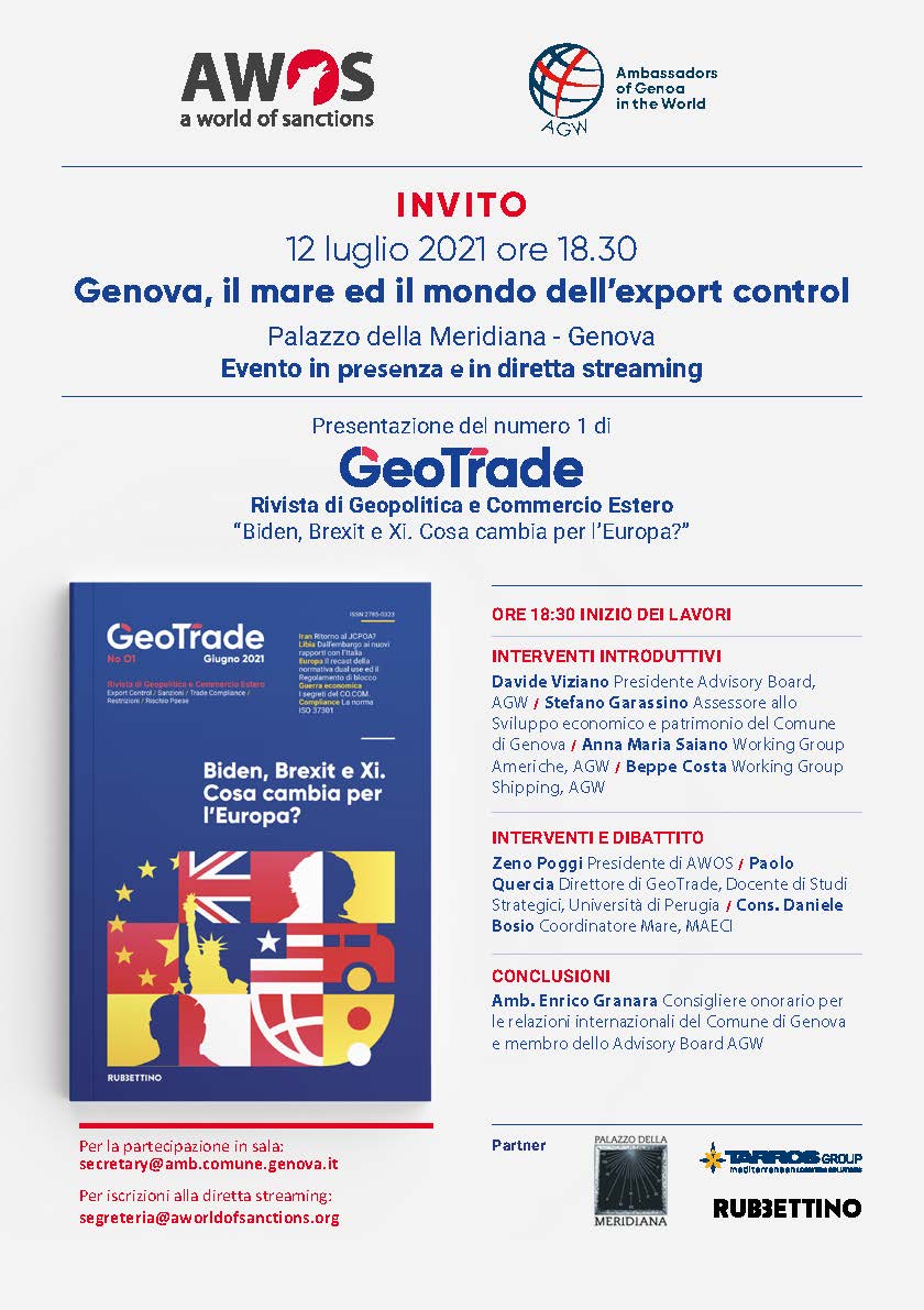 Un’importante novità di AWOS: sta per nascere #GeoTrade, rivista di Geopolitica e Commercio Estero, edita da Rubbettino. Un progetto dedicato ai temi dell’#exportcontrol, le #sanzioni, la #tradecompliance e del #rischio paese.
Leggi la notizia su globalcommunityexpo.com.