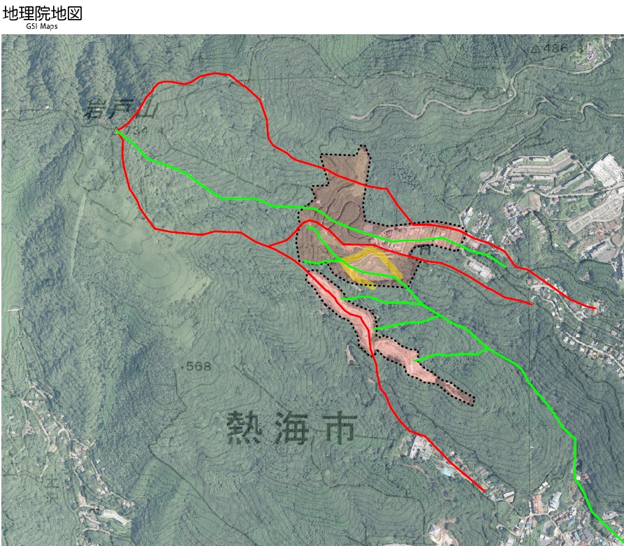 0Xylitol's tweet photo. 熱海市伊豆山地区　土砂流被害について

この地域の尾根と谷であった部分を書き加えてみた
・赤～尾根部分
・緑～谷部分

・点線網掛け範囲～開発されたおおよそのエリア
（伐採・切り崩し・盛り土等）

国交省による全国盛り土点検も大事だが
伊豆山の崩落防止対策最優先でお願いしたい

猶予はない https://t.co/s1nyJIvKIw