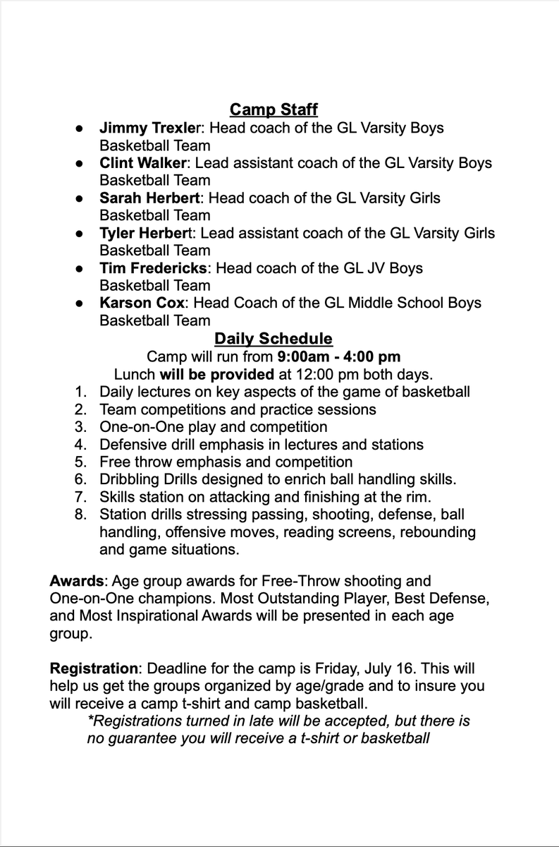 GLCS_Lions's tweet photo. Attached are photos of the camp brochure which also has the registration form on it. Stop by the school office to pick up a brochure and register.

*Campers who register after July 16, will still be able to attend the camp, but will not be guaranteed a camp shirt or basketball. https://t.co/7oJRVRzvVg