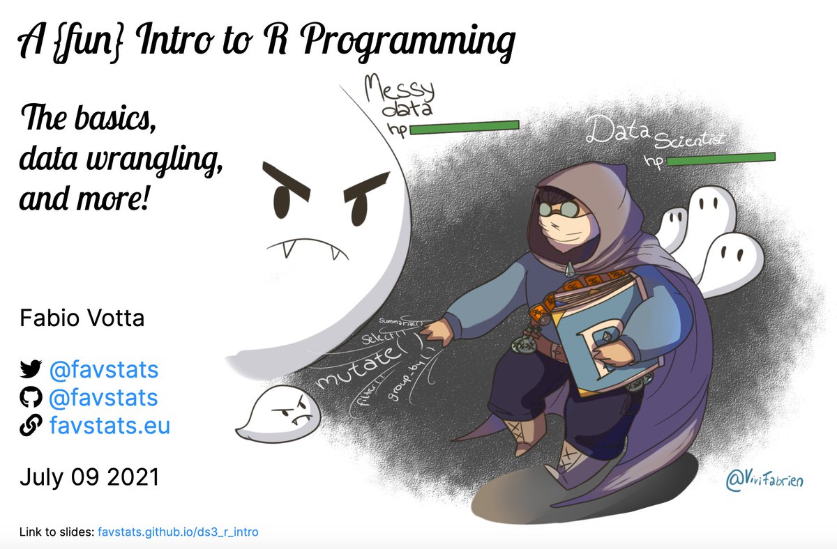 favstats's tweet photo. Excited to share my materials for the 𝐈𝐧𝐭𝐫𝐨 𝐭𝐨 𝐑 course that I taught today (w/ @GoogleColab) for the @thehertieschool Data Science Summer School :

🎨 Slides https://t.co/CIFec7a0y7
✍️ Script: R basics https://t.co/OVCdXmSsKU
✍️ Script: tidyverse https://t.co/2hEJH5VBHH https://t.co/FeBAjsNh6j
