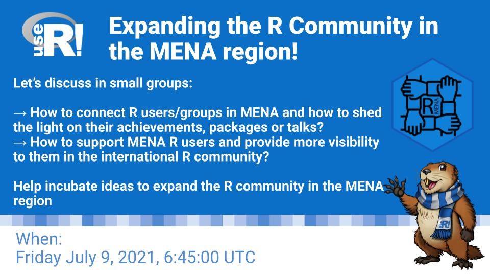 Join us today for the incubator Expanding the R Community the MENA region! <a href="/haifabmes/">haifa ben meassaoud</a>  and I to discuss on how to Connect R users to each other/groups in MENA.
Register by filling in the form:
lnkd.in/eSXgHvt
lnkd.in/emfTHYC
 #data #rstats