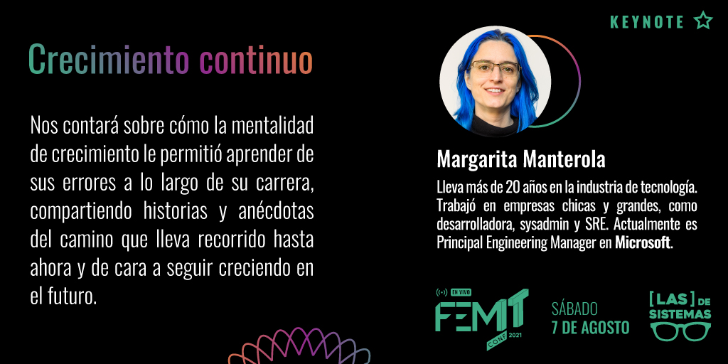 femitconf's tweet photo. "¿Y si me va mal?", es una de las preguntas que pueden detenernos al momento de hacer algo que queremos.

En #FemITConf2021 tendremos a @marga_manterola , nuestra Keynote 🌟 hablando sobre su experiencia viendo los errores como oportunidad de aprendizaje y más🥰 #FemITConfAgenda https://t.co/8yRgAdm9Et