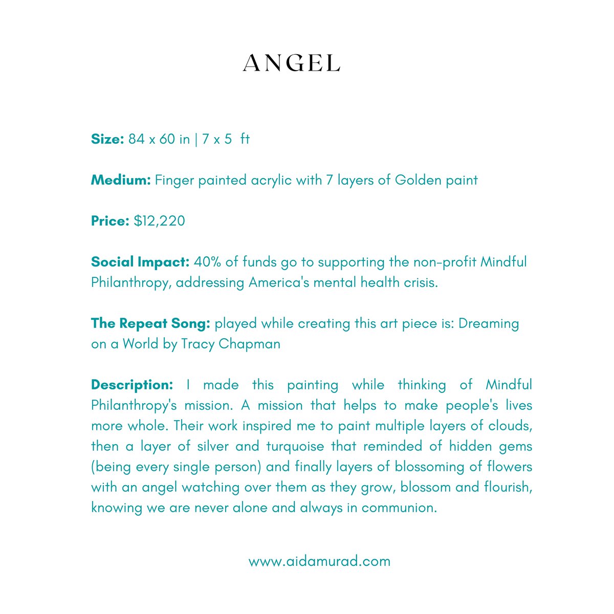 Aida is dedicating 40% of the sale proceeds to support Mindful Philanthropy's mission to increase impactful funding for mental health, addiction, and community well-being initiatives. To inquire about purchasing or to see more of her work, please visit aidamurad.com.