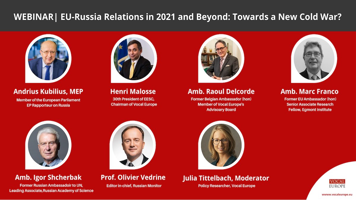 📢WEBINAR | EU-Russia Relations in 2021 and Beyond: Towards A New Cold War?

Spakers ⬇️ 
◼️<a href="/KubiliusA/">Andrius Kubilius</a>
◼️<a href="/MalosseHenri/">Henri Malosse</a>
◼️<a href="/RaoulDelcorde/">Raoul Delcorde</a> 
◼️Marc Franco of <a href="/EgmontInstitute/">Egmont Institute</a>
◼️Igor Shcherbak 
◼️<a href="/VEDRINEOlivier/">Olivier VÉDRINE</a>
◼️<a href="/JuliaTittelbach/">Julia Tittelbach</a> 

🗓️19 July 2021, 11h00-12h30
🔗bit.ly/3wwbyhA
