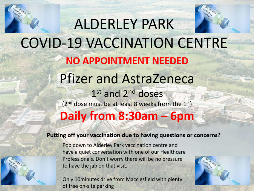 Need a Covid vaccination? <a href="/AlderleyPark/">Alderley Park</a> Vaccination Centre is open for walk-ins and appointments👇