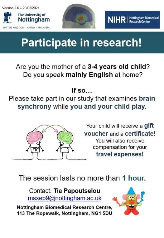 Dr Sammi Harrison 🇪🇺 (@samidoesscience) on Twitter photo Looking for mums with a 3–4 year old in the #Nottingham area
You and your child will play whilst we measure brain activity. This is harmless and like wearing a funny hat - makes for a great photo opportunity! 📸
To sign up or any Qs please email Tia at msxep9@nottingham.ac.uk Looking for mums with a 3–4 year old in the #Nottingham area
You and your child will play whilst we measure brain activity. This is harmless and like wearing a funny hat - makes for a great photo opportunity! 📸
To sign up or any Qs please email Tia at msxep9@nottingham.ac.uk