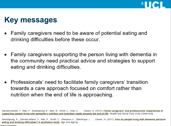 Selected slides from research presented by Yolanda Barrado-Martin @YolandaBarradoM at session 5F of #BSG2021 earlier today: Family carers and professionals’ experiences of supporting people living with dementia’s nutrition and hydration needs towards the end-of-life