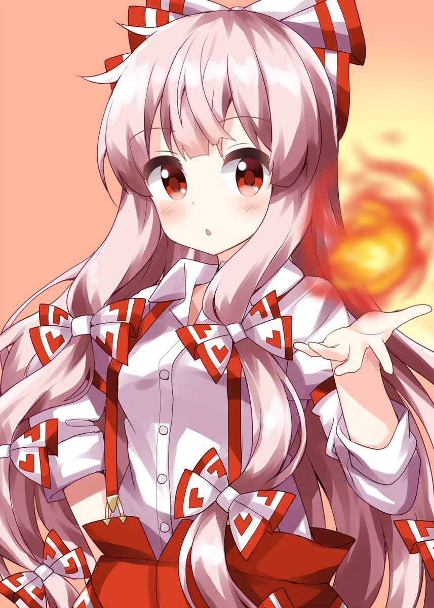 fujiwara no mokou 1girl solo long hair bow red pants shirt hair bow  illustration images