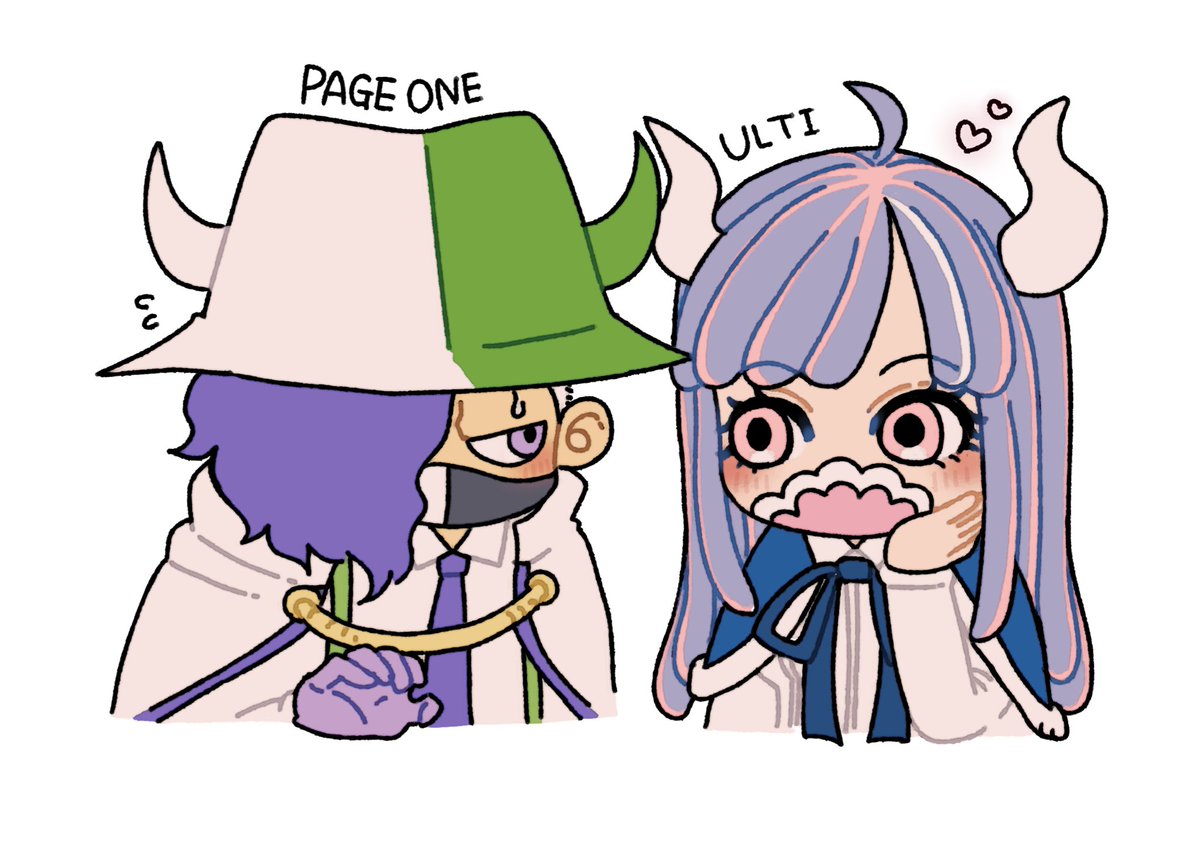 1girl 1boy horns mask hat purple hair necktie  illustration images