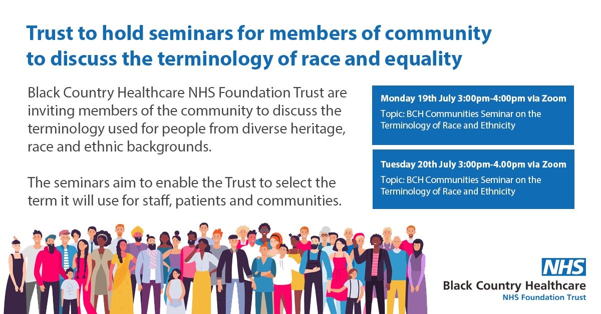 Black Country Integrated Care System (ICS) (@blackcountryics) on Twitter photo <a href="/BlackCountryNHS/">BCHFT - Black Country Healthcare Foundation Trust</a> is inviting you to discuss the terminology used for people from diverse heritage, race and ethnic backgrounds. The seminars will help the Trust to select the term it will use for staff, patients and communities.
Want to get involved?👇
blackcountryhealthcare.nhs.uk/news-events-1/… <a href="/BlackCountryNHS/">BCHFT - Black Country Healthcare Foundation Trust</a> is inviting you to discuss the terminology used for people from diverse heritage, race and ethnic backgrounds. The seminars will help the Trust to select the term it will use for staff, patients and communities.
Want to get involved?👇
blackcountryhealthcare.nhs.uk/news-events-1/…