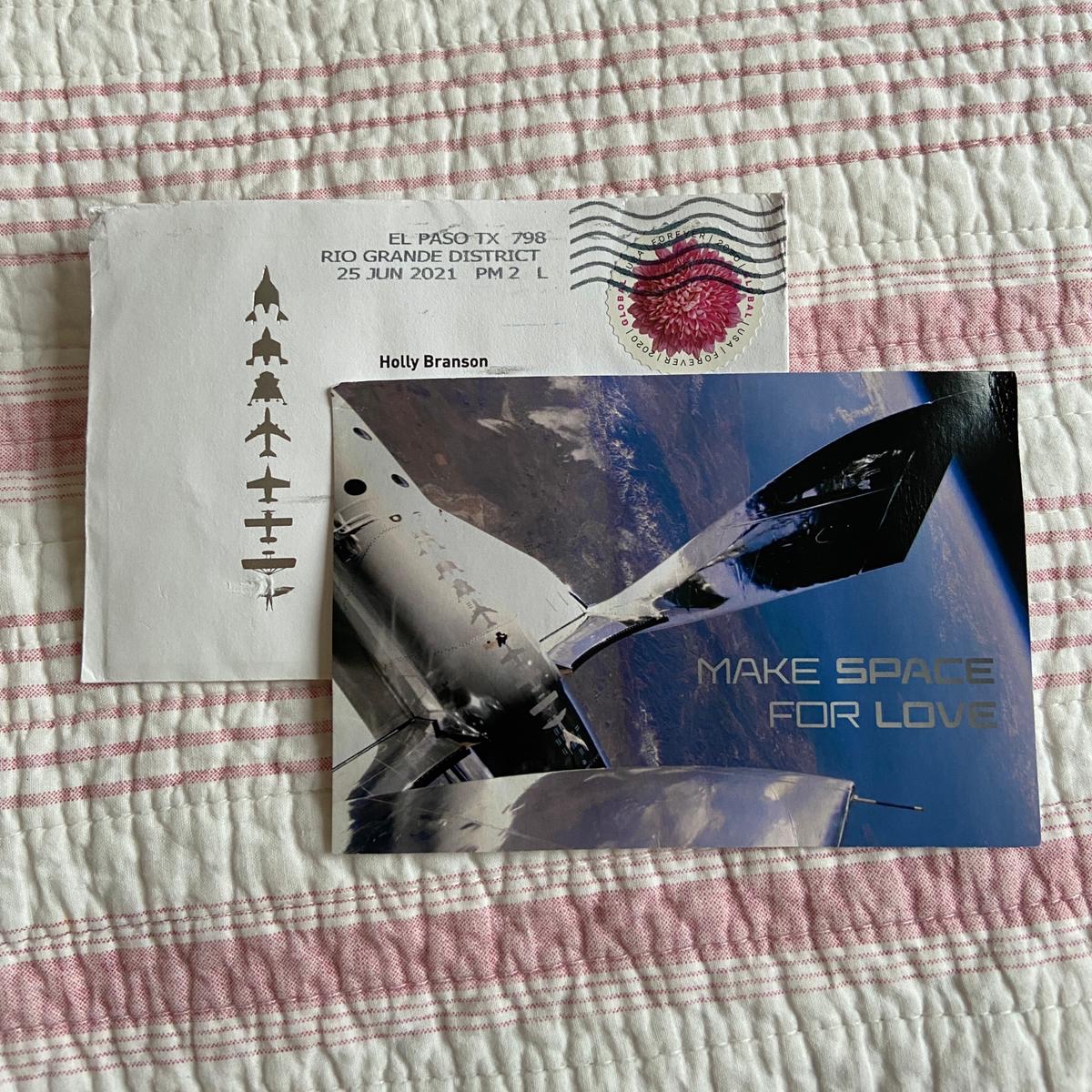 HollyBranson's tweet photo. A very timely delivery from space! 🌎❤️ I just received the letter I wrote to Freddie, which was taken to space during the last @virgingalactic test flight in February. Pretty out of this world! Always making space for love @virgingalactic😉❤️ https://t.co/Tqi8Qk7rgy