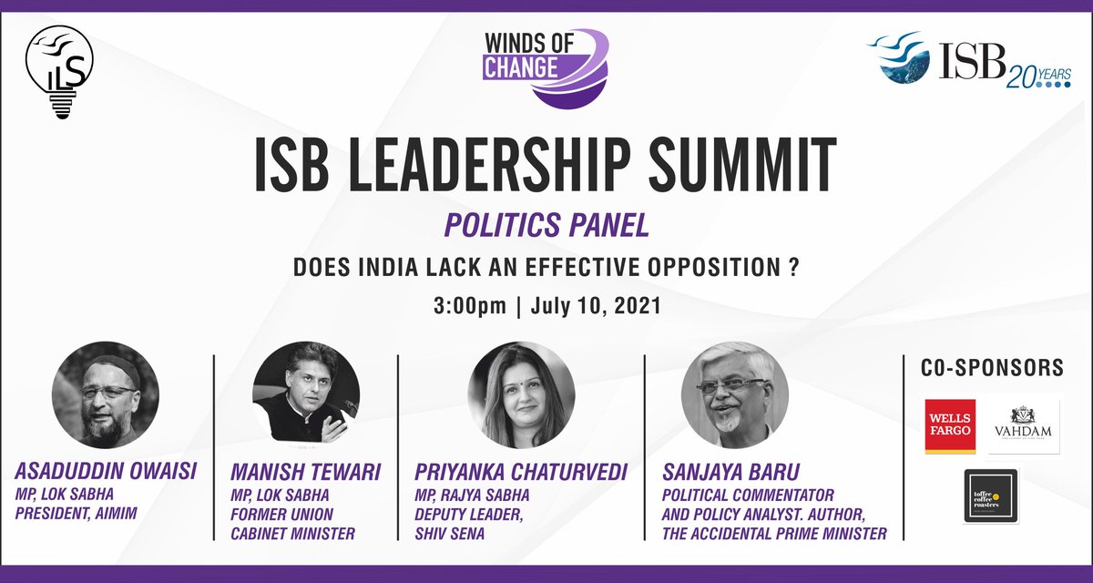 ISBExtRelations's tweet photo. An effective & meaningful opposition is a must to promote a responsible & reasonable debate in the decision-making process.
Join us for an interesting discussion, 'Does India Lack an Effective Opposition?'.
July10, 3 pm. #ILS2020
@asadowaisi
@ManishTewari
@priyankac19
@Barugaru1 https://t.co/I7xh2SUVP9
