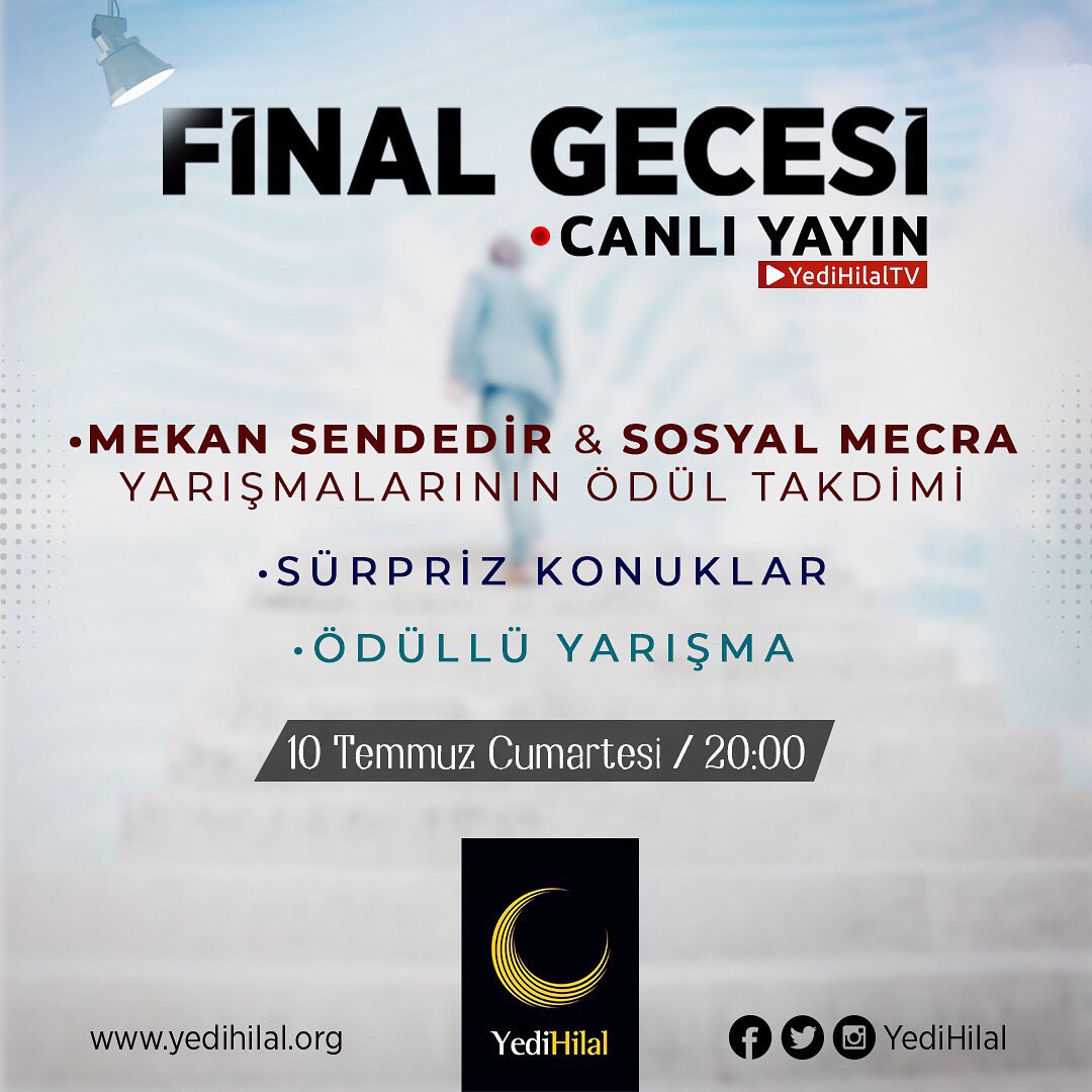 Muhteşem bir final gecesine hazır mıyız? 😎

Mekan Sendedir ve Sosyal Mecra yarışma ödüllerinin sahiplerini bulacağı canlı yayınımıza davetlisiniz. 🏆

🗓 10 Temmuz Cumartesi
🕗 20:00

📌 YouTube.com/YediHilalTV