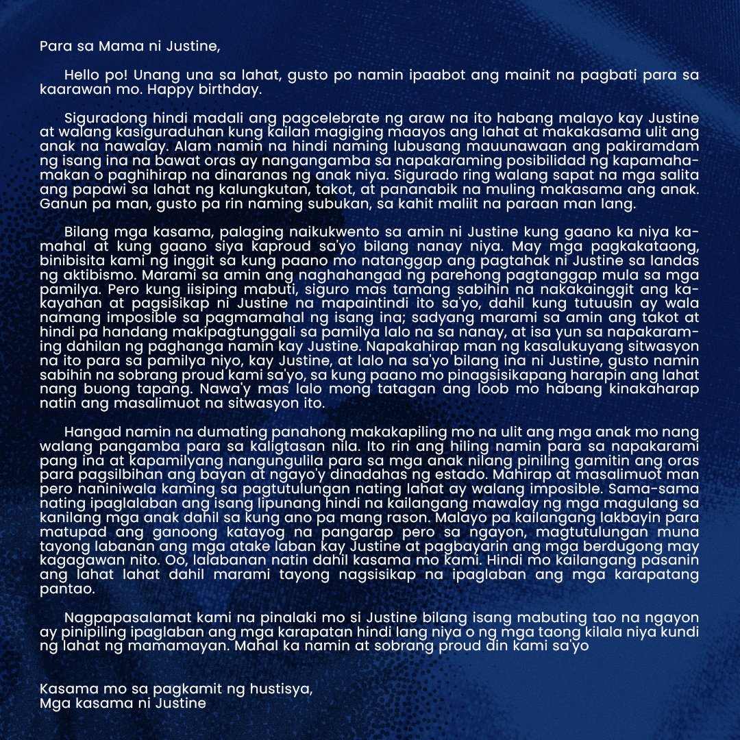 Basahin ang liham na isinulat ng mga kasama ni Justine para sa kanyang ina na ngayo'y ipinagdiriwang ang kanyang kaarawan. #DefendBicol #BantayBanwa #StopTheAttacks #HandsOffJustineMesias #HandsOffOurStudents #JunkTerrorLaw #OustDuterte #NoToRedTagging