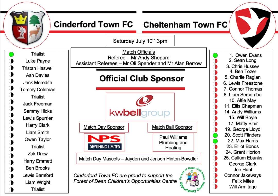 Don't forget... Tomorrow is the first of our FAB4 Preseason Centenary Celebration friendlies🎉

⚽Cinderford Town Vs Cheltenham Town ⚽
3pm Kick Off 

Team Sheet below 👇👇