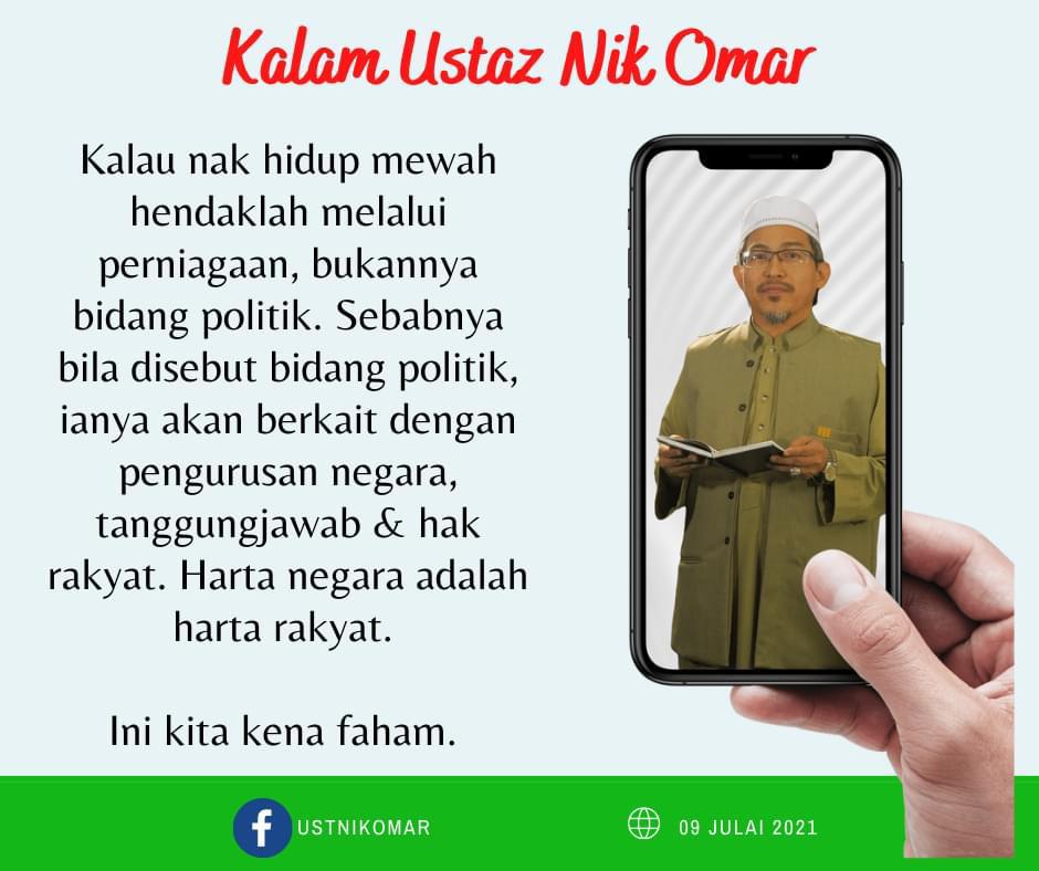 omar_ustaz's tweet photo. Kalau nak hidup mewah hendaklah melalui perniagaan, bukannya bidang politik. Sebabnya bila disebut bidang politik, ianya akan berkait dengan pengurusan negara, tanggungjawab &amp; hak rakyat. Harta negara adalah harta rakyat.

Ini kita kena faham. https://t.co/yC59UnGxy7