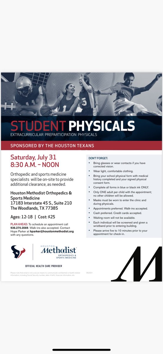CCHStrainers's tweet photo. Athletes if you haven’t gotten your physical yet. Methodist will be doing them July 31st. You MUST call first to set up an appointment and have a Caney Creek physical form with you!! Please read the flyer for more information!!! #get_it_done https://t.co/Q5OWkxnzfY