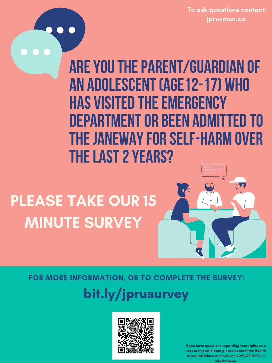 Are you are a parent/guardian of a teen who has been seen/admitted to the Janeway for self-harm? <a href="/MemorialU/">Memorial University</a> researchers are gathering patient perspectives on experiences to improve individual and community mental health care. To access an anonymous survey: bit.ly/jprusurvey