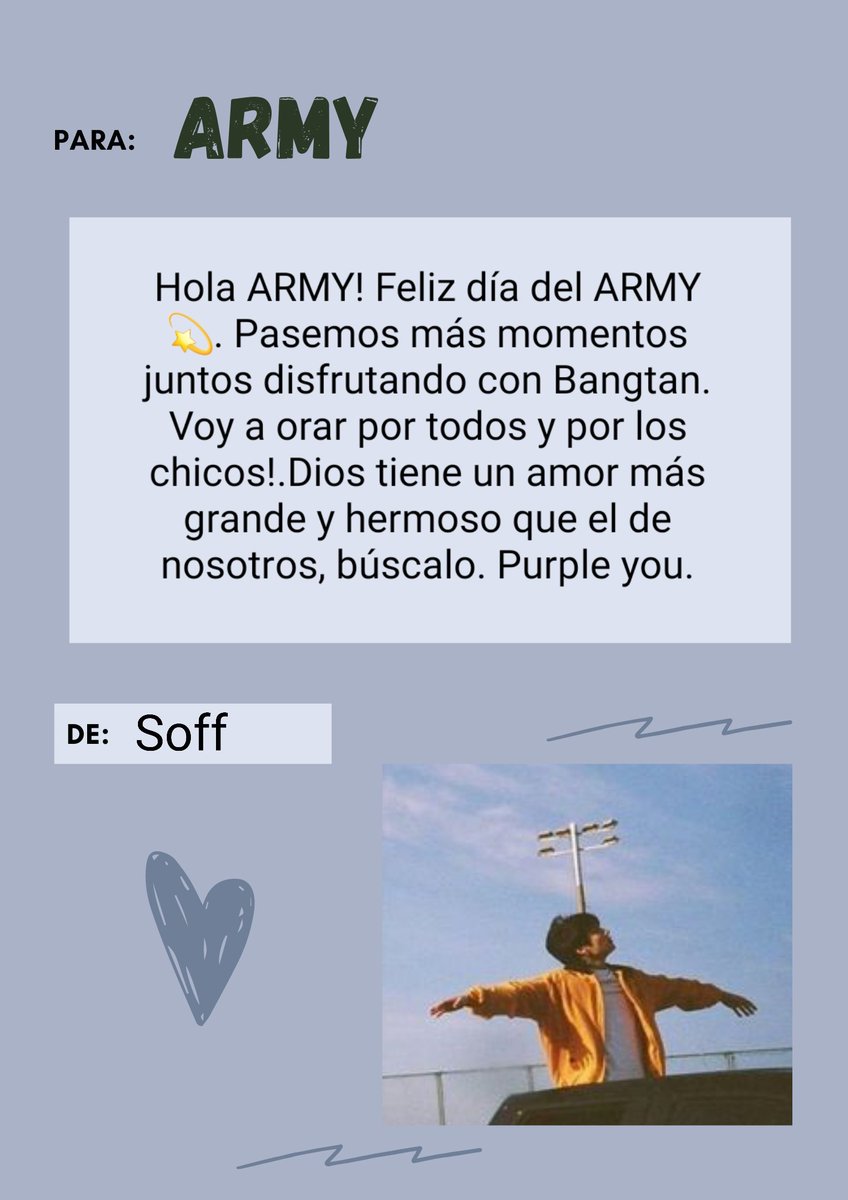 Un poco tarde pero..
#ARMYDay #BTSBackAndButterThanEver #BTSARMY #BTS8thAnniversary #HappyBirthdayToArmy #ArmyDay #LetterforArmy #ARMYflywithBTS #christianarmy #bangtanforchristproject