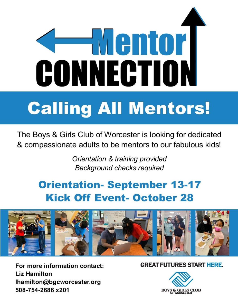 We are excited to announce a new program this fall! The Mentor Connection will pair members of the business and college communities with our fabulous kids! Contact Liz Hamilton at Lhamilton@bgcworcester.org for more information!
