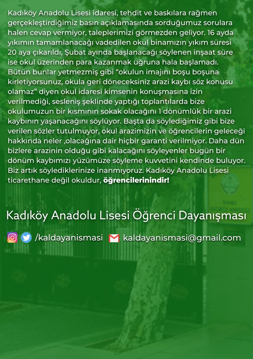 Kadıköy Anadolu Lisesi ticarethane değil okuldur! Okuldaki son duruma ilişkin açıklamamızdır.