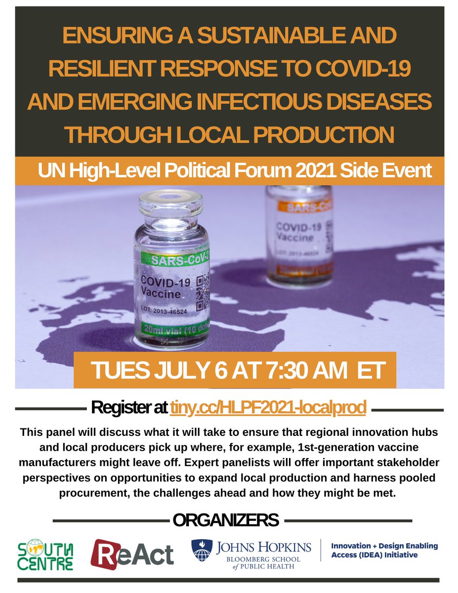 Local production--can it help bridge the gulf between supply and demand for COVID-19 vaccines, antibiotics and other products? Can narrowing the distance between suppliers and those in need be a step towards greater equity? See our #HLPF2021 Side Event at youtu.be/v9tBYuoH_UQ