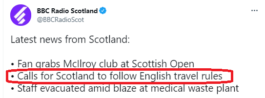 This is *precisely* how a colonial news outlet behaves. BBC Scotland isn't a Scottish broadcaster. It's essentially an English broadcasting station in Scotland. That's why it looks to England to set the Covid agenda. Scotland *must* be shown as lagging behind or performing worse.