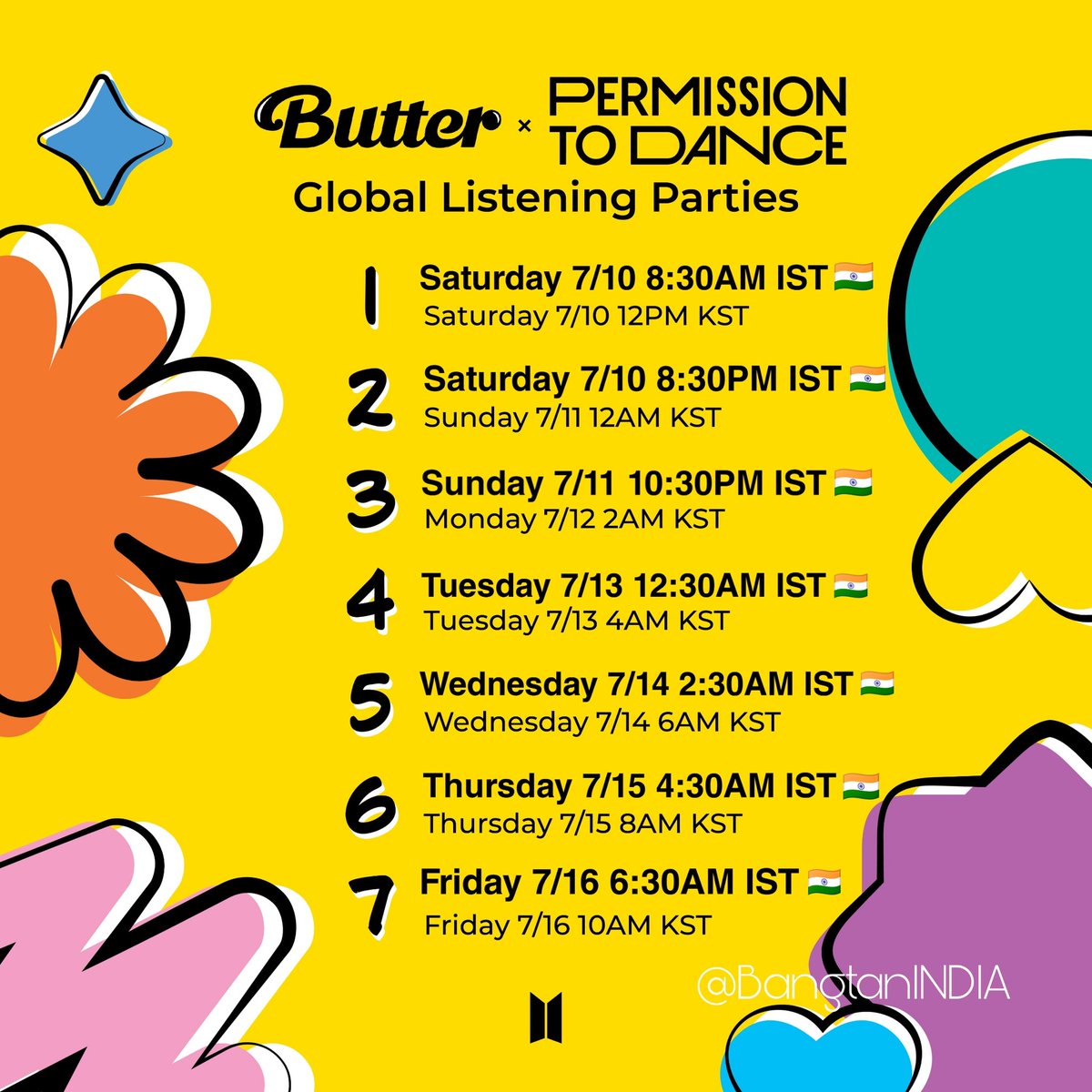 BangtanINDIA's tweet photo. #Butter x #PermissiontoDance Global Listening Party IST 🇮🇳 Timings! @BTS_twt

Go join now if you haven't already!
🔗https://t.co/phUUIsvDwP https://t.co/QWoGcfij20