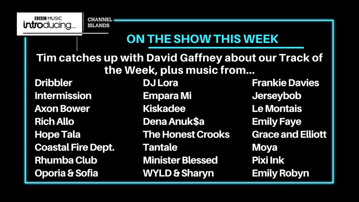 BBC Music Introducing in the Channel Islands (@bbcintroci) on Twitter photo Tune in from 8pm tomorrow night to hear <a href="/Tim__Hunter/">Tim Hunter</a>'s catch up with <a href="/dgaffneymusic/">David Gaffney</a> about this week's Track of the Week, plus the latest local music, featuring @dribblertheband, <a href="/AxonBower/">Axon Bower</a>, <a href="/itsrhumbaclub/">Rhumba Club</a>, @EmparaMi, <a href="/kiskadee__/">Kiskadee</a>, <a href="/MinisterBlessed/">Minister Blessed</a>, <a href="/emilyfayemusic/">Emily Faye</a> & more! 📻 Tune in from 8pm tomorrow night to hear <a href="/Tim__Hunter/">Tim Hunter</a>'s catch up with <a href="/dgaffneymusic/">David Gaffney</a> about this week's Track of the Week, plus the latest local music, featuring @dribblertheband, <a href="/AxonBower/">Axon Bower</a>, <a href="/itsrhumbaclub/">Rhumba Club</a>, @EmparaMi, <a href="/kiskadee__/">Kiskadee</a>, <a href="/MinisterBlessed/">Minister Blessed</a>, <a href="/emilyfayemusic/">Emily Faye</a> & more! 📻