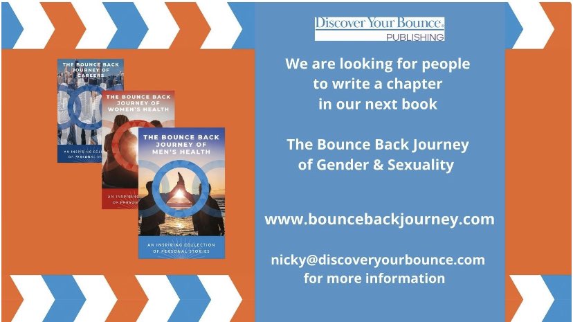 We are looking for people to write a chapter in our next book! Do you know someone with an inspiring story to share? 🏳️‍🌈 contact sharon@discoveryourbounce.com #passiton bouncebackjourney.com <a href="/MartynLoukes/">Martyn Loukes BEM</a> <a href="/Leeahye/">Michelle-Lee Ahye 👑| OLY</a> <a href="/TheHealthcareS1/">Francis Yongblah</a> <a href="/ruthreynolds_HR/">Ruth Reynolds</a>