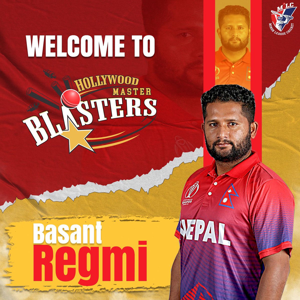 HollywoodMiLC's tweet photo. Here’s a warm welcome to our Nepal tiger #BasantRegmi . We hope to have a great tournament with you 🏏

#HollywoodMasterBlasters #MiLC #MinorLeagueCricket #TeamHollywood #USACricket #MLC @usacricket @MiLCricket @nepalcricket_ @MiLCUSA https://t.co/9UuUr8Zi15