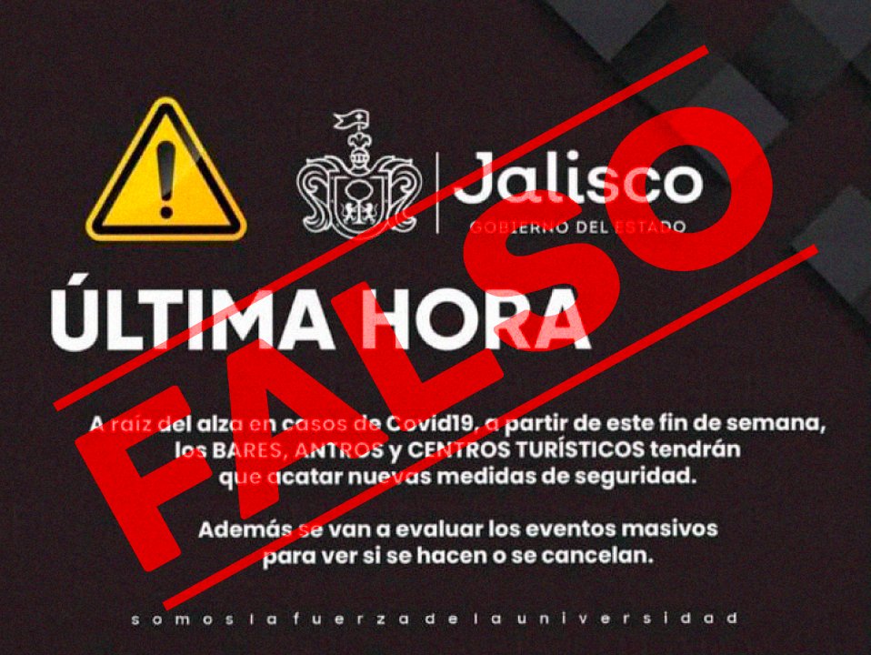 Importante:

Se ha difundido en redes sociales que, debido al alza de casos activos de COVID-19 en Jalisco, habrá cambios en los protocolos de bares, antros y centros turísticos. Tal información es falsa, no hay modificación en las medidas sanitarias. 

reactivacioneconomica.jalisco.gob.mx/plan-jalisco-2…