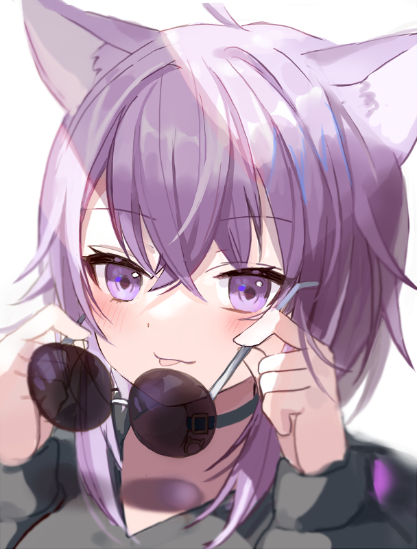 nekomata okayu 1girl animal ears cat ears purple eyes solo purple hair holding eyewear  illustration images