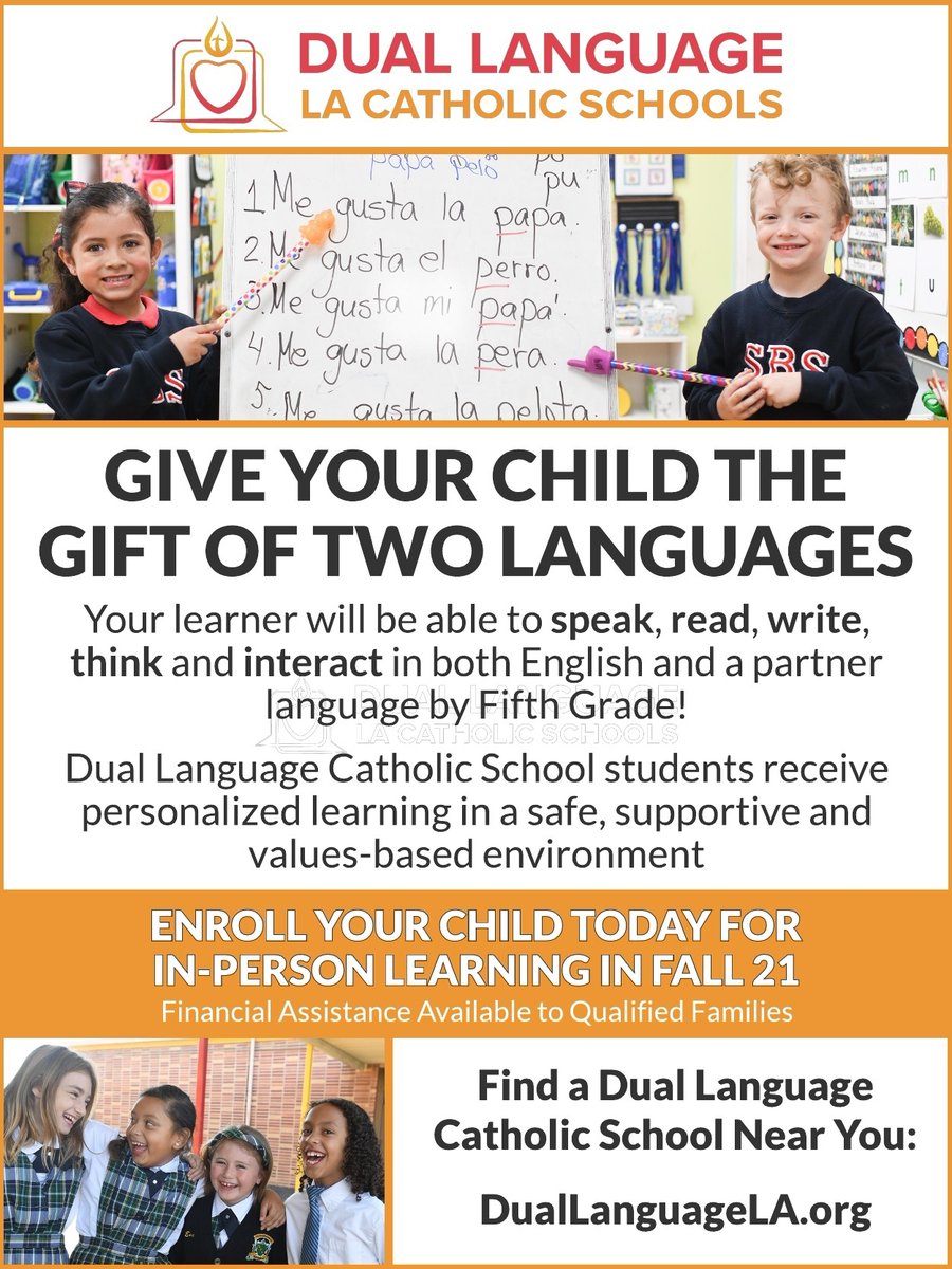 DualLanguageLA's tweet image. DLI Network schools are vibrant learning communities that educate children to become biliterate, mastering core academic content and skills in two languages, and develop strong moral character based in the Roman Catholic tradition.

Find out more at DualLanguageLA.org