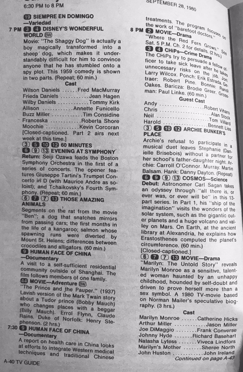 televisionaryZW's tweet image. Sunday, September 28th, 1980: what would you have watched? #CHiPs? #Cosmos? #ArchieBunker? #TheShaggyDog?