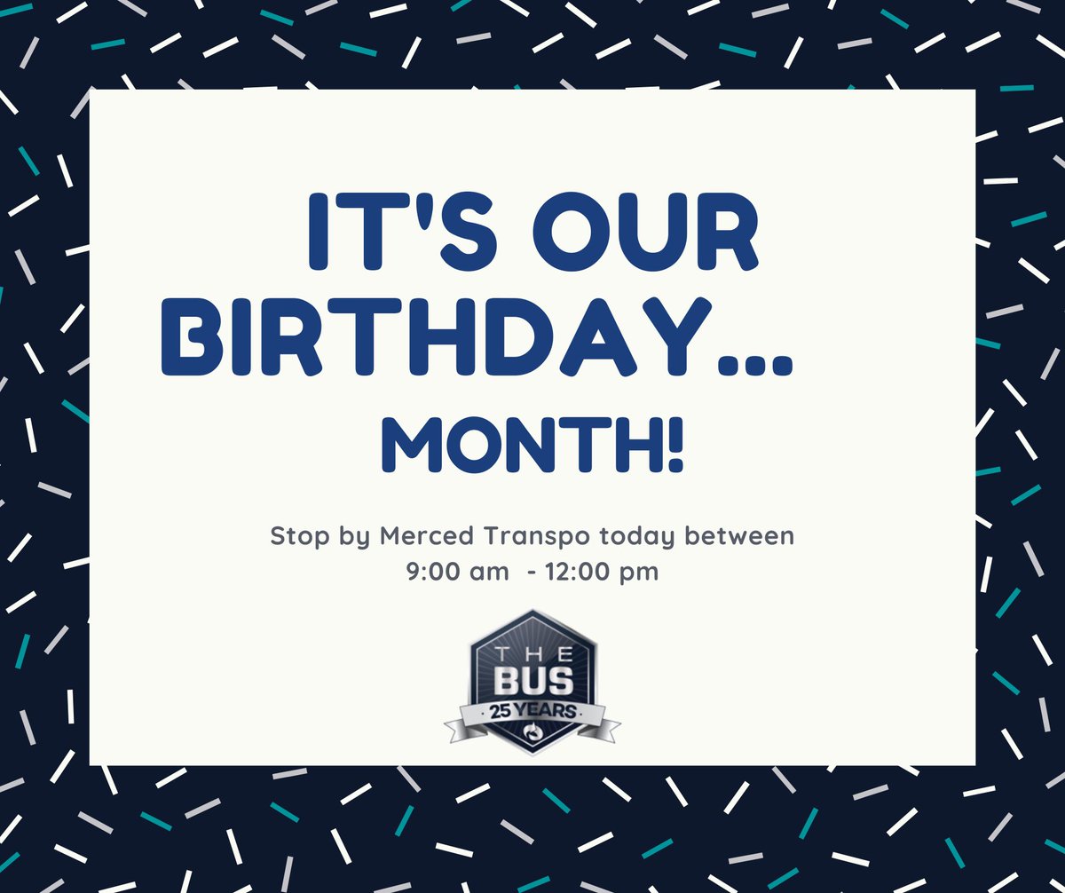 mercedthebus's tweet photo. It's our 25th Birthday Celebration!
Stop by and celebrate with us today at the Merced Transpo between 9:00 AM to 12:00 PM #25thanniversary #mercedthebus #thankyoumercedcounty #tjpa #celebrating25years https://t.co/JNGJeEVHMn
