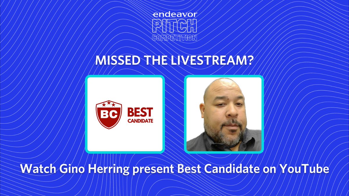 The next presentation in our #EndeavorPitchCompetition rerun series is by Gino Herring, Founder & CEO of Best Candidate.

Watch their presentation here: youtu.be/4P9RMc0wcy4