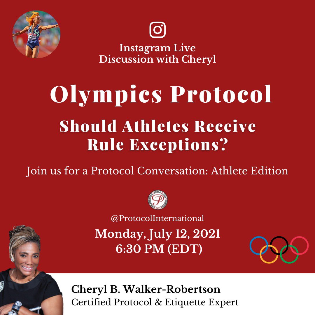 protocolinter16's tweet photo. Due to a recent positive marijuana test, Track star Sha’Carri Richardson
will miss this year’s Olympics. This is a perfect example of the rules. Join me next Monday to discuss this and more on Instagram Live @ 6:30 PM (EDT) @ProtocolInternational.  Contribute to the conversation. https://t.co/jqkzLTZswR