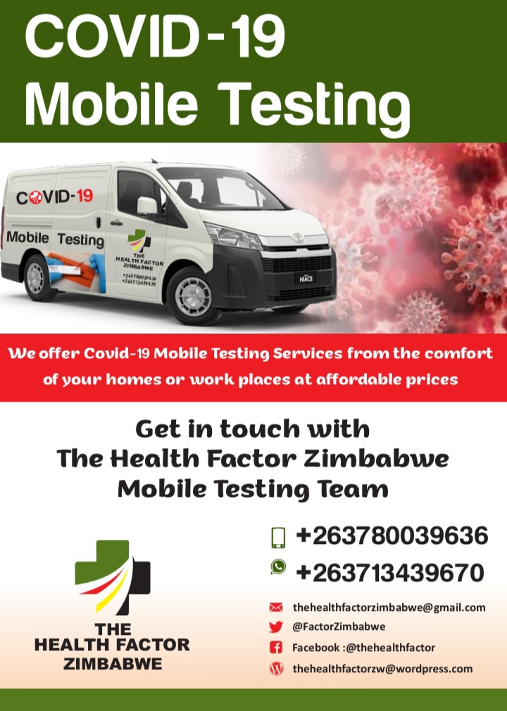 HealthFactorZim's tweet photo. Get tested for Covid-19 at home or at your workplace contact our Mobile team for details using numbers on the flier below. https://t.co/gDdPisxXJc