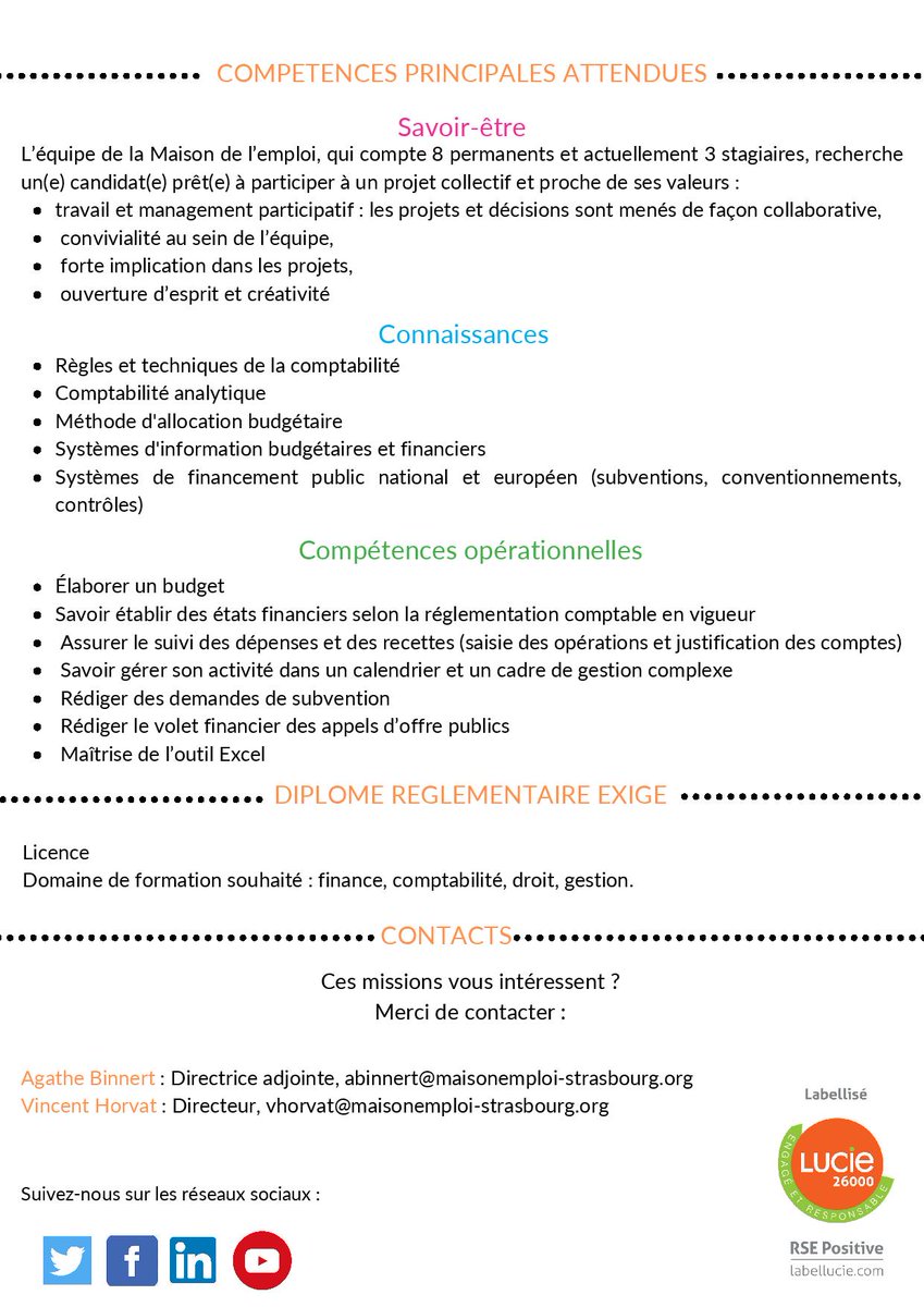 La <a href="/MDE_Strasbourg/">Maison de l'Emploi</a> recrute un-e chargé-e de gestion financière et comptable pour piloter le volet budgétaire de ses programmes. Nous recherchons un profil familiarisé avec les règles de gestion des fonds publics et qui apprécie le fonctionnement en petite équipe projet. A vos CV!