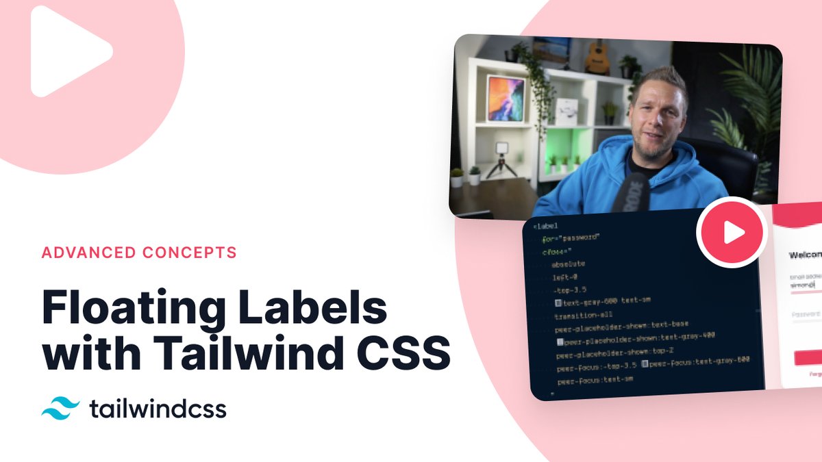 tailwindcss's tweet image. 🚀 New screencast is out!
Learn how to implement the "floating label" pattern with just Tailwind CSS utilities — no custom CSS or JS!
youtube.com/watch?v=nJzKi6…