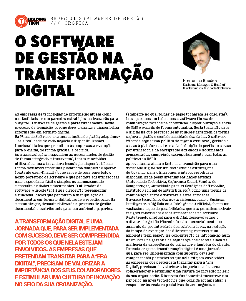 wincode's tweet image. A Edição Julho-Setembro (n.º 14), da Revista Líder - Ideias que fazem futuro, conta com a presença da Wincode, S.A.
Uma crónica sob o tema &quot;O Software de Gestão na Transformação Digital&quot;.

Descarregue a versão integral da revista aqui: we.tl/t-vhWjVPQB0r

#wincode #software