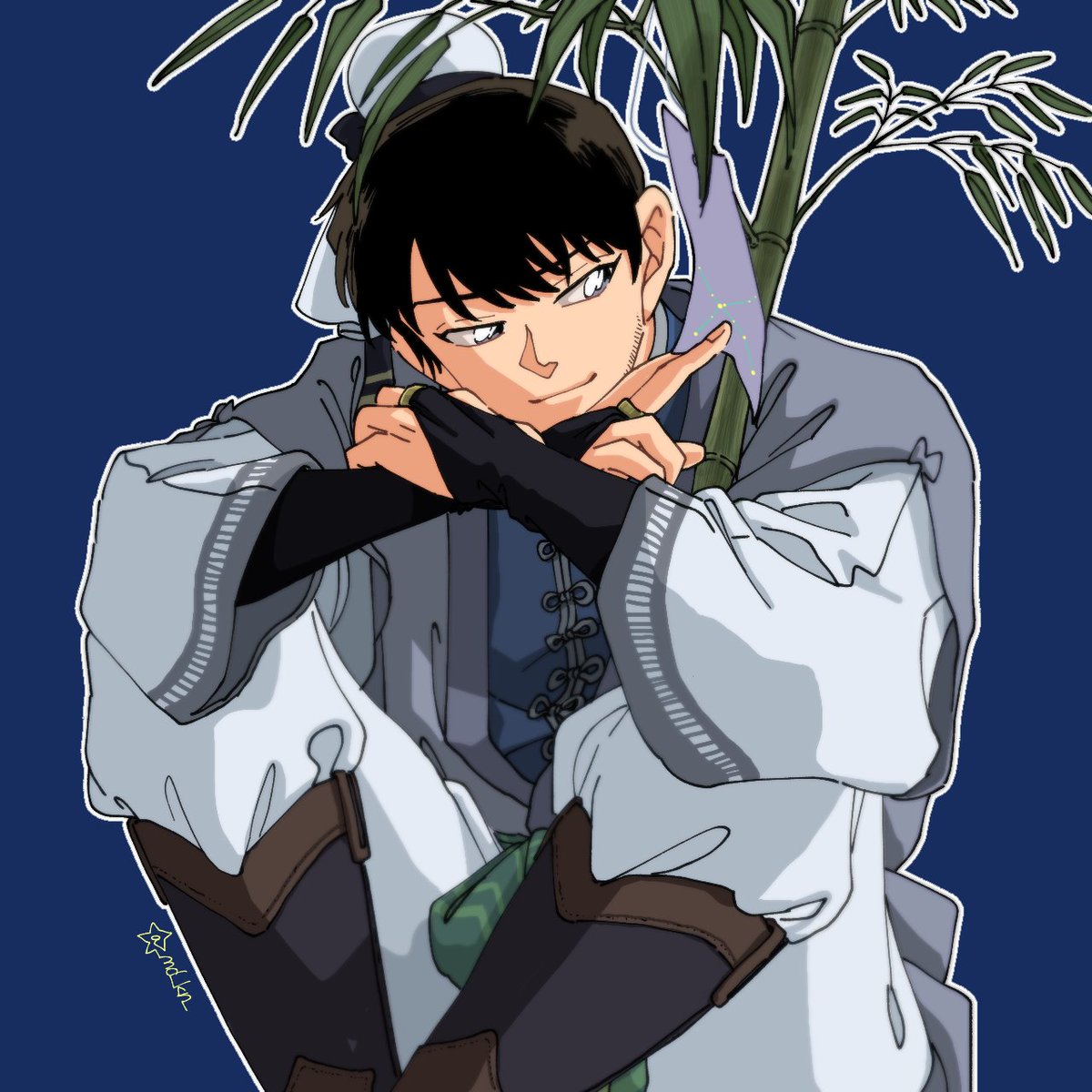 1boy male focus bamboo solo black hair blue background sitting  illustration images