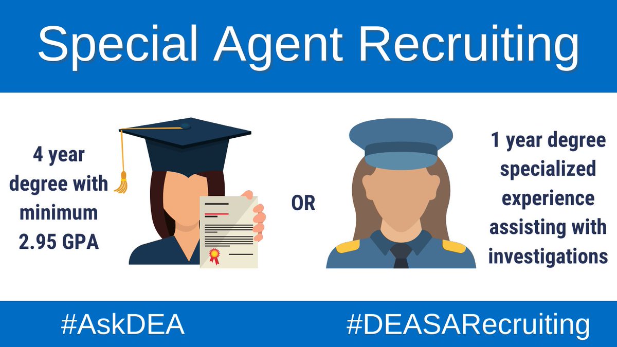 DEAHQ's tweet photo. #AskDEA: What makes someone qualified to become a special agent? Do I need a degree?
You need either a 4 year degree with a minimum GPA of 2.95 OR a year of specialized experience assisting with investigations without a degree.
https://t.co/9tHbIVJSVI https://t.co/EFWpkXXhTx
