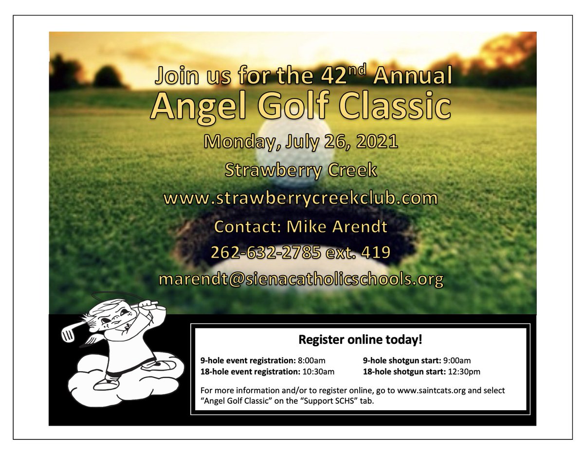 St. Catherine's HS Alumni (@angelalumni) on Twitter photo Please join us on Monday, July 26, at Strawberry Creek, for our 42nd annual golf outing to benefit the Angel athletic program. 
Visit our website for more information, or to register online: saintcats.org/angel-golf-cla… Please join us on Monday, July 26, at Strawberry Creek, for our 42nd annual golf outing to benefit the Angel athletic program. 
Visit our website for more information, or to register online: saintcats.org/angel-golf-cla…