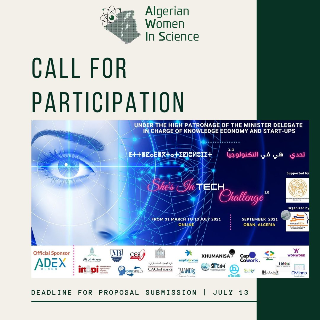 DZWomenScience's tweet photo. « SHE’s in TECH Challenge » is an online Marathon for Algerian women in STEMM (living in Algeria or abroad) with a project based on an innovative technology to develop.
📍Submit your application before July 13th, 2021, at:
https://t.co/IJRzu4v0zb
#alwis #womenintech https://t.co/4NFBLisVVh